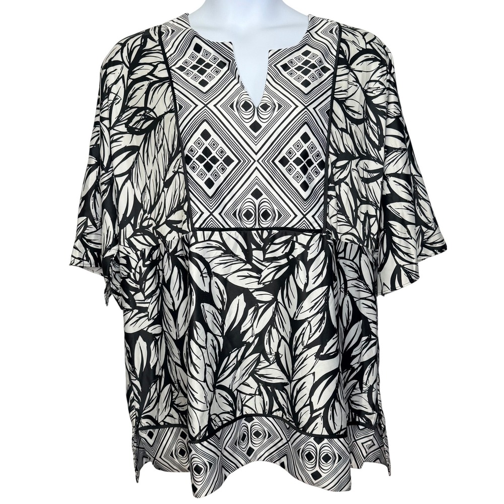 Lane Bryant Blouse Kimino 26/28 Black White Geometric Leaf Print Boho Office - Picture 3 of 7